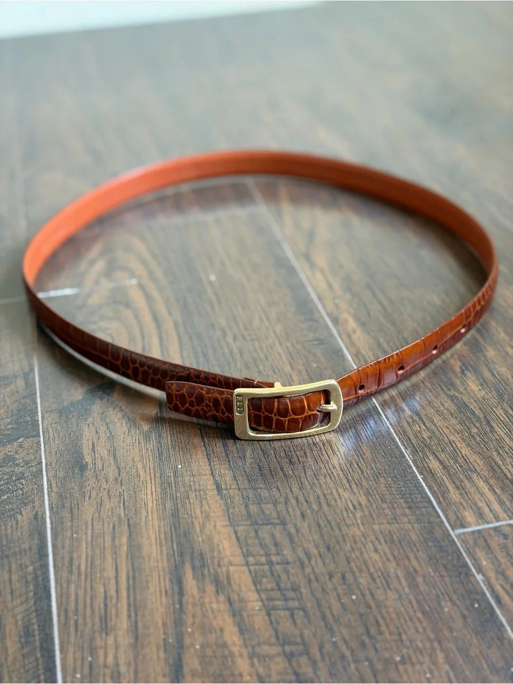 Lauren Ralph Lauren Genuine Leather Croc Embossed Brown Belt Gold Buckle